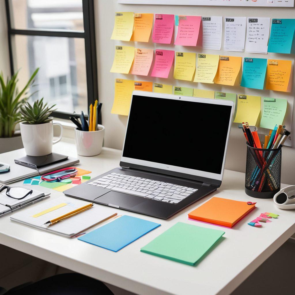 A modern and sleek workspace featuring high-tech desktop tools and task management applications displayed on a computer screen. Include vibrant, colorful sticky notes and a well-organized desk with a stylish planner, a digital tablet, and a cup of coffee. Emphasize a bright and productive atmosphere, showcasing both the digital and physical elements of productivity. super-realistic. vibrant colors. soft focus.