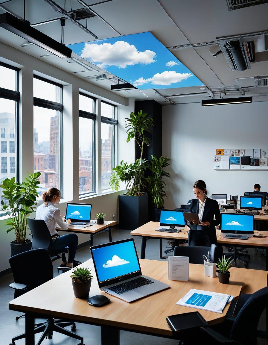 A modern office workspace filled with sleek technology gadgets demonstrating cloud solutions. Show diverse professionals collaborating digitally with holographic screens and virtual assistants. Include vibrant colors that evoke a sense of innovation and teamwork, with elements of nature for a refreshing touch. Incorporate subtle cloud motifs in the background symbolizing efficiency. super-realistic. vibrant colors.