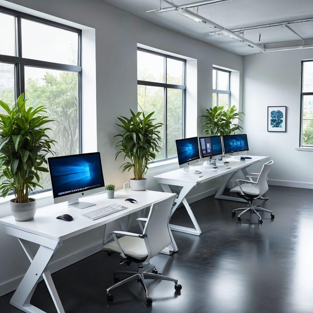 A sleek, modern office workspace showcasing futuristic technology tools like a smart desk, multiple screens displaying productivity apps, and a high-tech ergonomic chair. Include soft natural light streaming through large windows, plants for a touch of nature, and a minimalistic design layout that emphasizes efficiency. super-realistic. vibrant colors. white background.